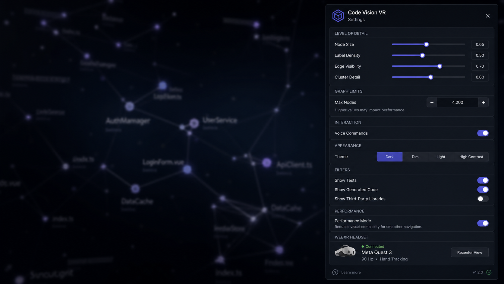 Holocron VR settings drawer